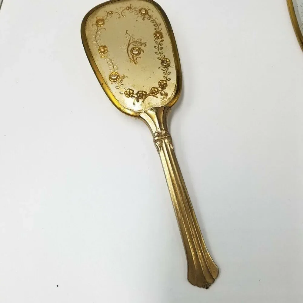 Vintage 40s Matson Vanity Dresser Hand Mirror Gold Comb Brush Hollywood Regency